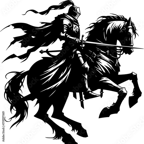 Knight on Horseback: A stoic knight, clad in gleaming armor, rides his powerful steed with unwavering resolve, sword drawn, against an unseen foe. An epic illustration of courage and chivalry.