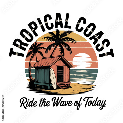 Tropical beachfront cabin at sunset with palm trees and surfboard ride the wave white background