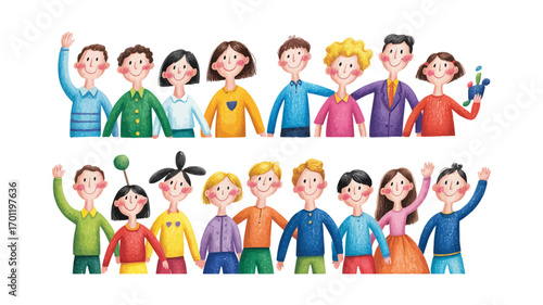 Diverse group of cheerful children waving and smiling together in a colorful illustration white background