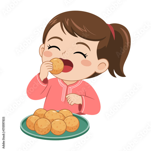 Joyful child happily eating delicious pastries from a plate fun food moment white background