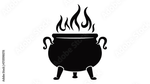 Black silhouette of a cauldron with flames simmering over the top white background