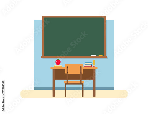 Classroom interior design with chalkboard desk and chair