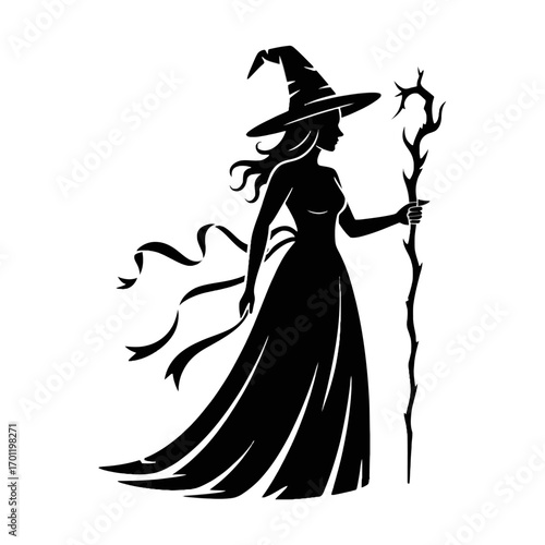 Silhouette of a witch in a pointed hat holding a gnarled staff with flowing ribbons white background