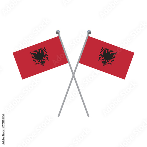 Two Albanian national flags with double headed eagles crossing on black flat illustration