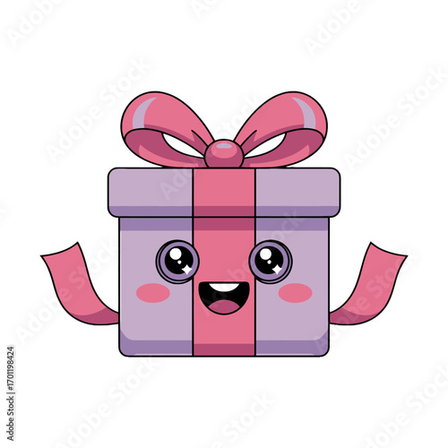 Adorable kawaii gift box character with pink ribbon and happy face celebrate joyful occasion white background