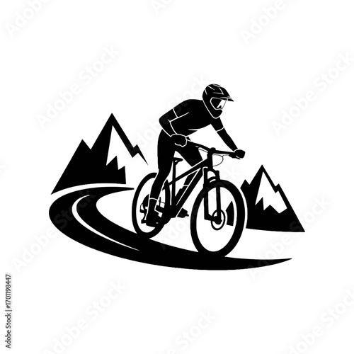 Mountain biker riding downhill trail with mountains and winding road dynamic action scene white background