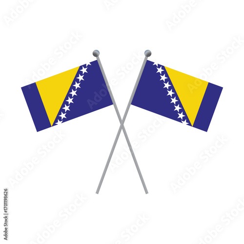 Two Bosnia and Herzegovina flags crossed on poles on black background flat illustration
