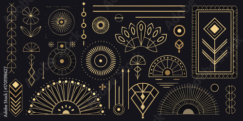 Collection of art deco geometric elements and decorative motifs in gold on a dark background