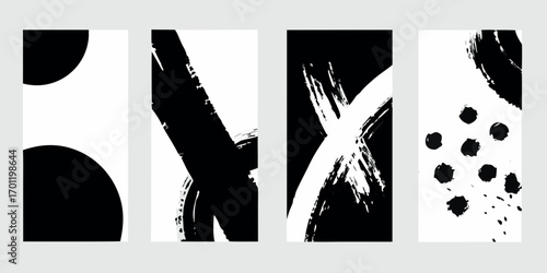 Abstract black and white brush stroke and shape designs for modern art and graphic design