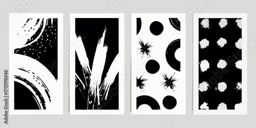 Set of four abstract black and white graphic design posters with brush strokes and geometric shapes