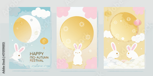 Three adorable illustrations celebrating the mid autumn festival with cute bunnies and a full moon
