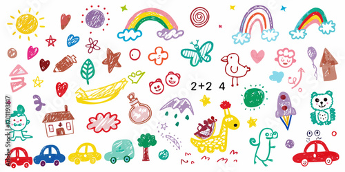 Collection of colorful hand drawn childlike doodles featuring animals objects and simple math equations on a white background