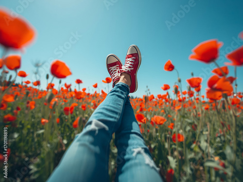 Red sneakers raised above a poppy meadow under clear blue sky; carefree summer lifestyle with dreamy bokeh.