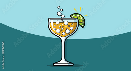A refreshing cocktail with bubbles and a lime wedge garnish.