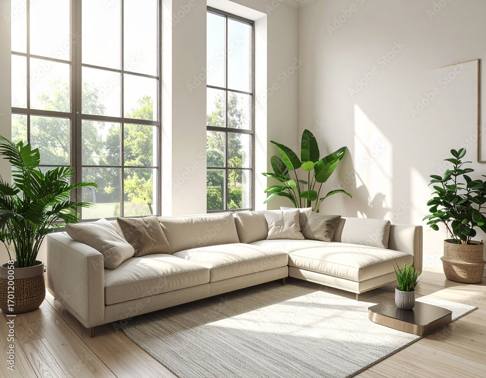 Fototapeta premium Modern Living Room with Large Windows and Indoor Plants. A stylish living room interior with a beige sectional sofa, neutral decor, and lush indoor plants. Sunlight streams through tall windows.