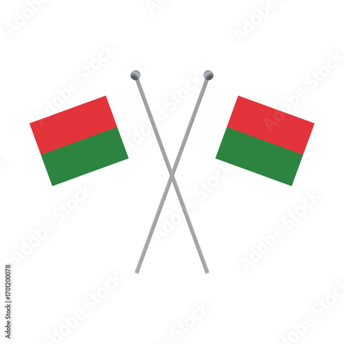 Two crossed Madagascar flags on poles against a black background flat illustration
