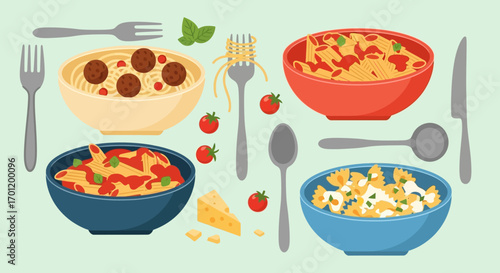 Assortment of Italian pasta meals in bowls vector set.