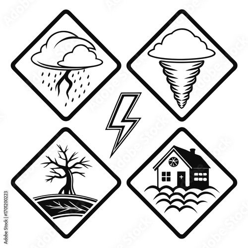 Collection of weather warning icons including heavy rain lightning tornado drought and flood symbols representing natural disaster alerts and safety precautions