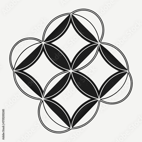 Geometric pattern with interlocking circles and diamond shapes in black and white with a subtle textured background creating a modern abstract design