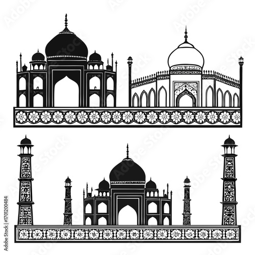 Two distinct black silhouette illustrations of the taj mahal monument and its minarets presented in a symmetrical and decorative style against a white background
