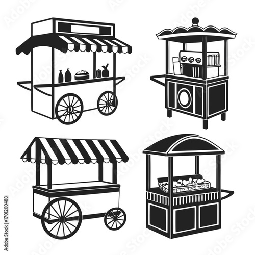 Collection of four black and white silhouette illustrations of various food and drink carts showcasing different designs and potential offerings like coffee baked goods and produce