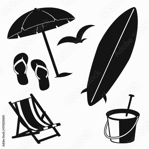A collection of black silhouette icons representing a beach vacation including a surfboard umbrella flip flops a deck chair a sand bucket and a bird in flight on a white background