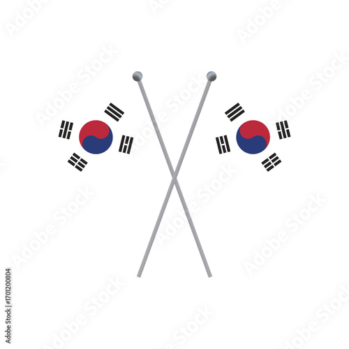 Two crossed South Korean flags on poles flat illustration