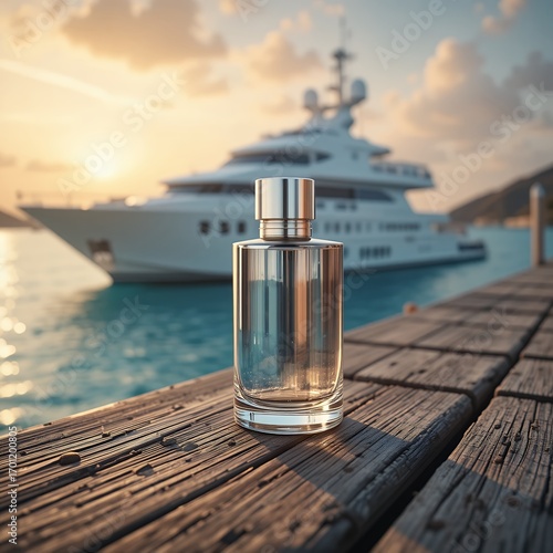 silver Dior Sauvage perfume bottle resting on weathered wooden planks of a pier