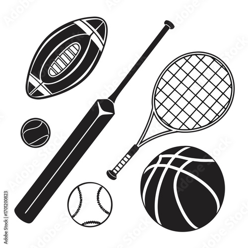 Collection of black and white silhouette sports equipment including a rugby ball cricket bat tennis racket tennis ball baseball and basketball on a white background