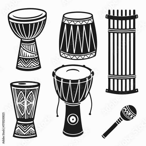 Collection of stylized black and white african drums and a maraca featuring traditional patterns and tribal designs isolated on a white background for graphic use
