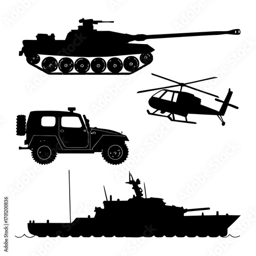 Collection of black silhouettes of military vehicles including a tank helicopter off road vehicle and a warship on a white background