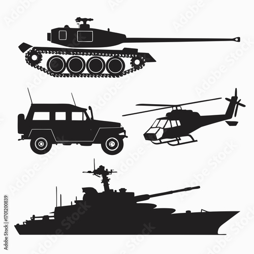 Collection of black silhouettes of military vehicles including a tank helicopter armored car and warship on a white background