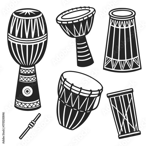 Collection of stylized black and white african drums and a drumstick isolated on a white background representing rhythm and music
