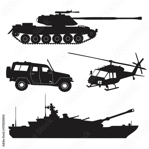 Collection of black silhouettes of military vehicles including a tank a helicopter an all terrain vehicle and a warship on a white background