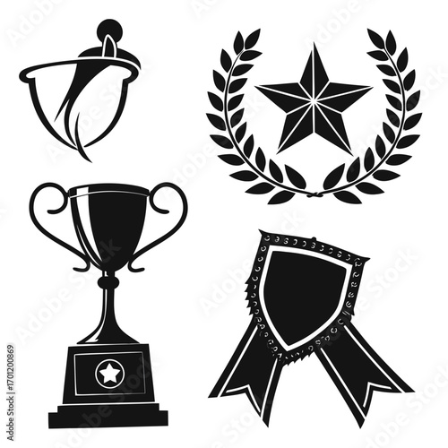 Collection of four black silhouette icons representing achievement and recognition including a trophy laurel wreath with star abstract award symbol and a ribbon badge