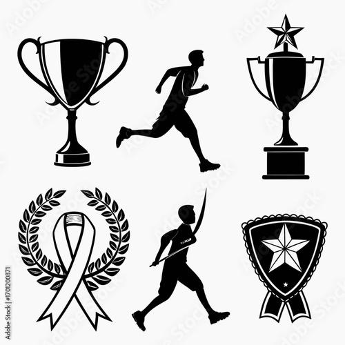 Collection of black silhouettes representing athletic achievements including trophies runners a laurel wreath with a ribbon and a star badge symbolizing victory and recognition