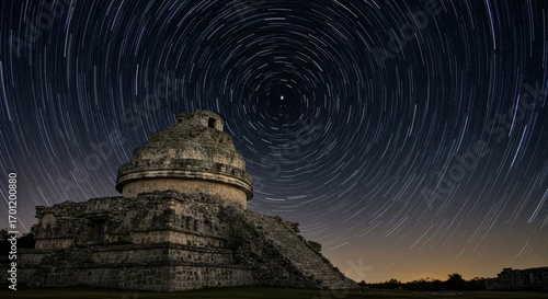 Ancient observatory under a starry night sky