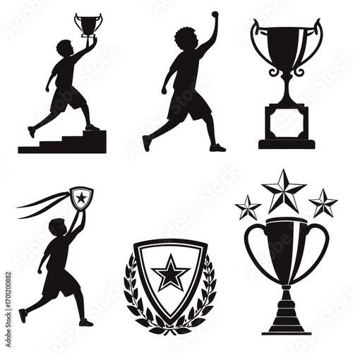 Collection of black silhouette icons depicting athletic achievement and victory including trophies shields stars and celebratory figures on a white background