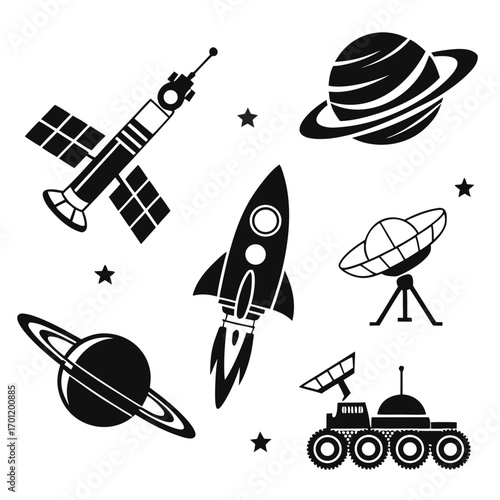 Collection of black silhouette icons representing space exploration and celestial bodies including planets rockets satellites and a rover against a white background