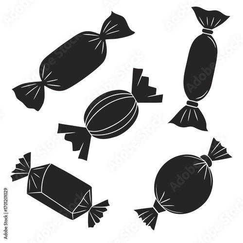 A collection of five black candy silhouettes with different shapes and wrappers tied at both ends isolated on a white background representing a variety of sweets