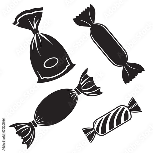 A collection of four black silhouette illustrations of wrapped candies in various shapes and sizes on a white background