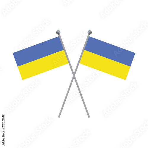 Two crossed Ukrainian flags on poles on a black background flat illustration