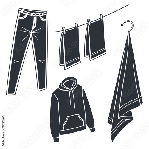 A collection of clean laundry items including jeans a hoodie and towels are depicted drying on a clothesline with clothespins and a hook against a white background