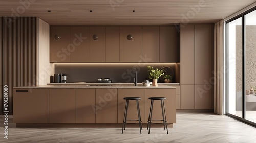 kitchen room interior in brown mocha mousse 2025 color with modern decoration - 3D rendering