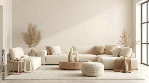 Living room exudes warmth and comfort with its soft beige tones, plush seating, and minimalist decor on cream color wall background- 3D rendering