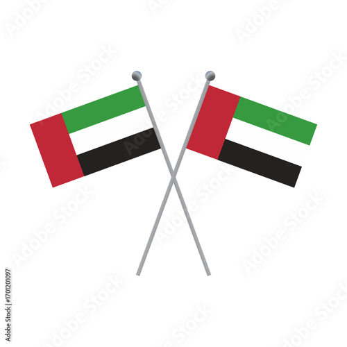Two crossed United Arab Emirates flags on a black background flat illustration