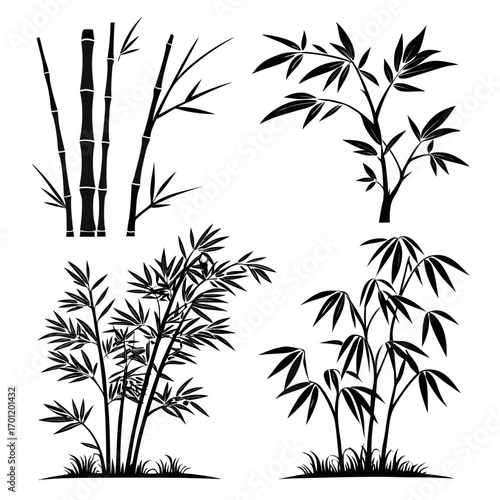 Collection of black bamboo silhouettes isolated on white background in various arrangements showcasing stems leaves and grass elements for design and decoration