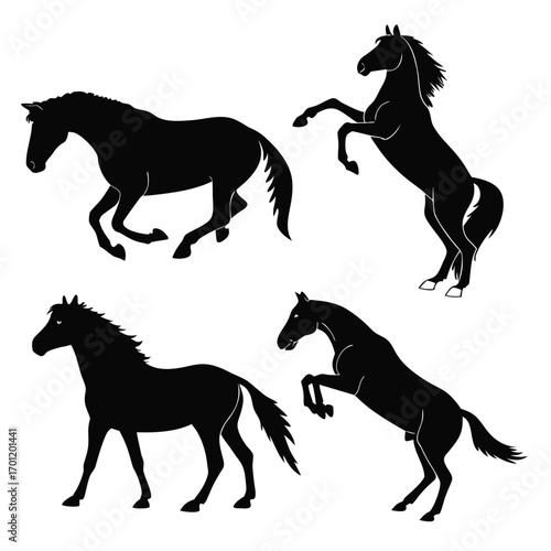 Collection of four black horse silhouettes in various dynamic poses including running and rearing on a clean white background