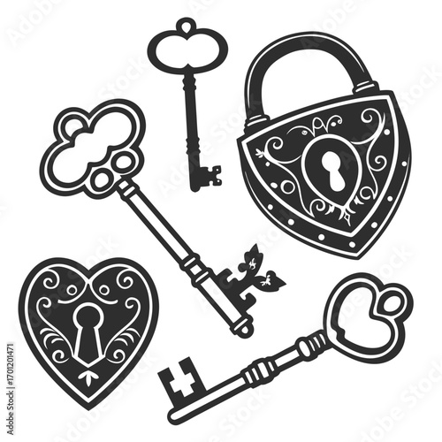 Collection of antique and ornate keys and padlocks in silhouette representing security mystery and vintage charm