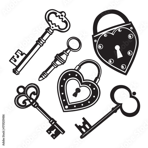 Collection of vintage ornate keys and heart shaped locks in black silhouette on a white background representing security love and mystery